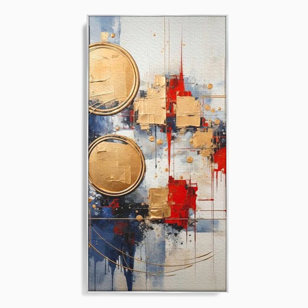 Tablou canvas cu tablou abstract cu cercuri aurii, in rama de aluminiu argintiu